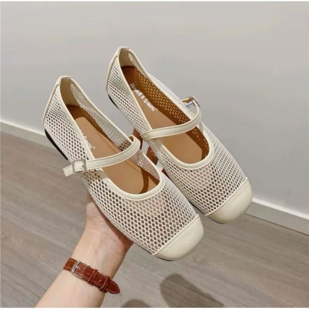 Giày Mary Jane, Giày Búp Bê Mary Jane Họa Tiết Lưới Hai Màu Kem Đen N62 || Anshoes Dynasty