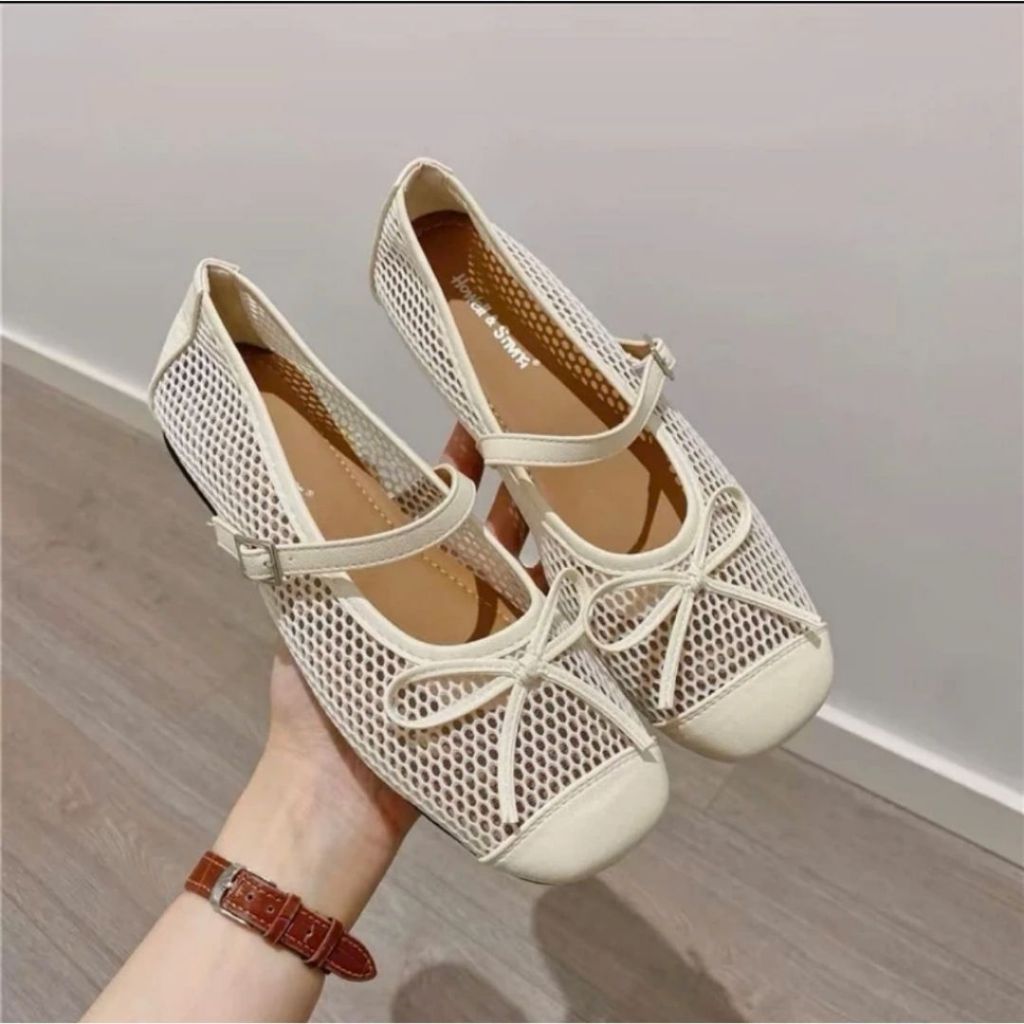 Giày Mary Jane, Giày Búp Bê Mary Jane Họa Tiết Lưới Hai Màu Kem Đen N62 || Anshoes Dynasty
