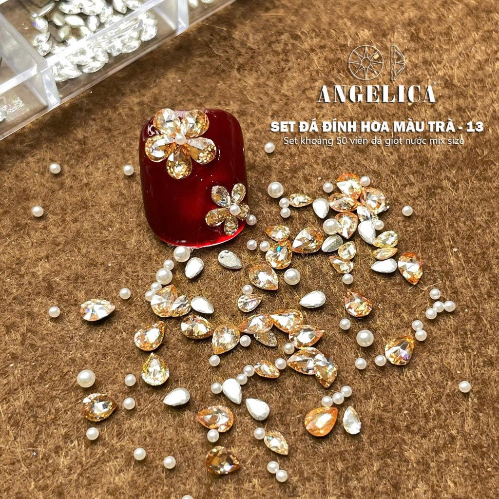 Set Đá Chân Bằng Đính Hoa Trắng ANGELICA ( Khoảng 50 Viên ) Siêu Sáng Dễ Đính -Trang Trí Móng