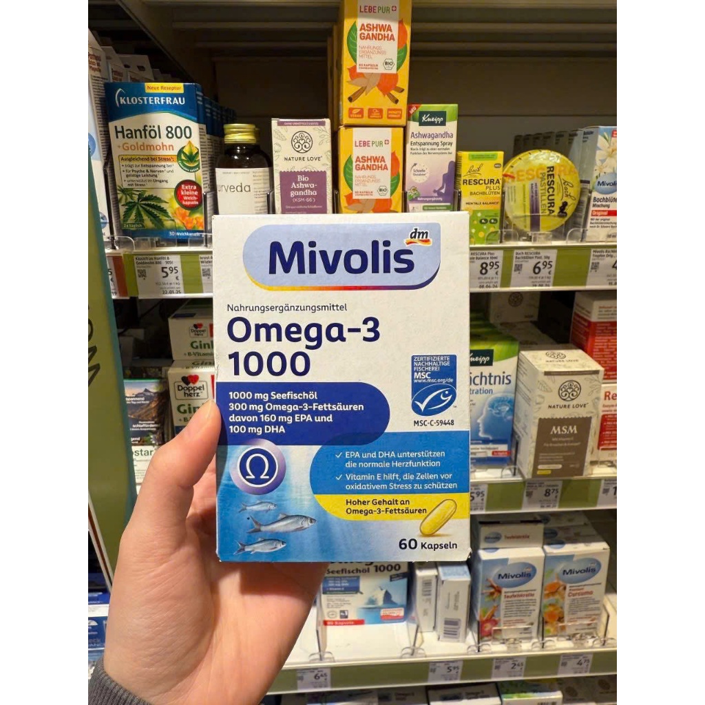Dầu cá MIVOLIS OMEGA3 1000mg mắt sáng khỏe, đẹp da, tăng cường trí nhớ, hộp 60 viên, nội địa Đức