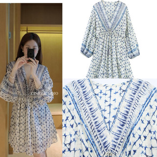 Đầm xoè dài tay hoạ tiết xanh