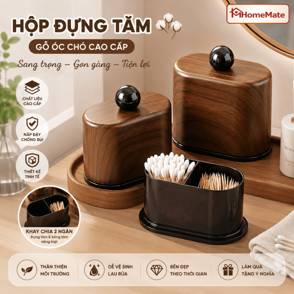 Lọ Đựng Tăm HomeMate Giả Vân Gỗ Óc Chó, Hộp Đựng Tăm Bông Vintage Decor Bàn Ăn & Bàn Trang Điểm