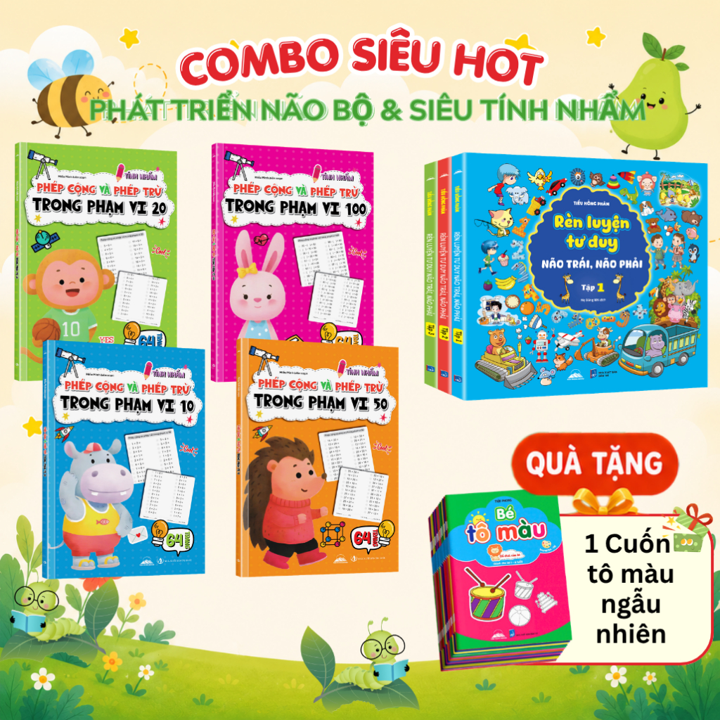2 Bô Sách: Combo 3 Cuốn Rèn Luyện Tư Duy Não Trái Não Phải & Combo 4 Cuốn Phép Tính Cộng Trừ Cho Bé Phạm Vi 10/20/50/100
