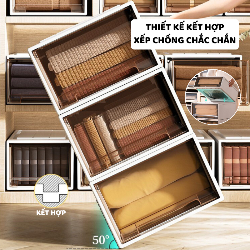 Hộp Ngăn Kéo Enoda Home Size Lớn 70L Ngăn  Kéo Trong Suốt Đen, Xếp Chồng Kiên Cố, Có Chốt Cửa Q006