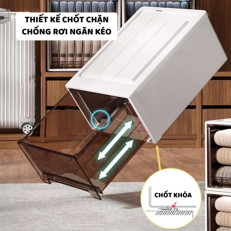 Hộp Ngăn Kéo Enoda Home Size Lớn 70L Ngăn  Kéo Trong Suốt Đen, Xếp Chồng Kiên Cố, Có Chốt Cửa Q006