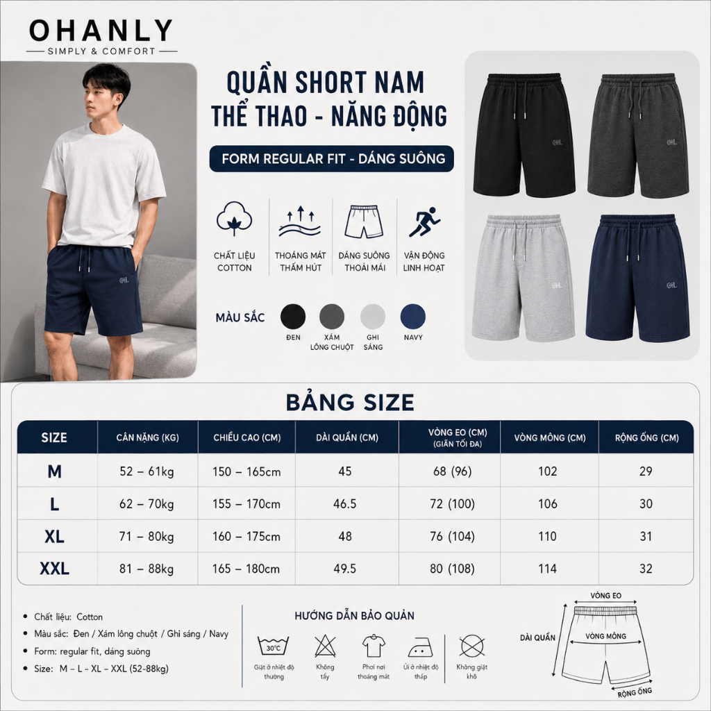 Quần Short Nam OHANLY Form Suông Regular Fit – Cotton Mềm Mát, Co Giãn Thoải Mái Mặc Hằng Ngày