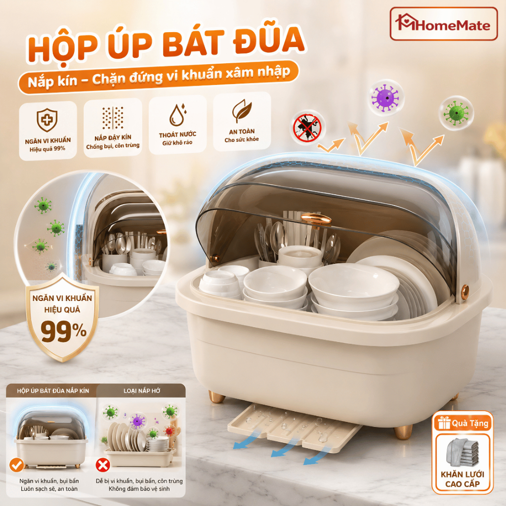 Tủ Úp Chén Bát HomeMate Có Nắp Đậy Chống Bụi, Hộp Úp Bát Đĩa Thoát Nước Chống Ẩm Mốc Cỡ Lớn