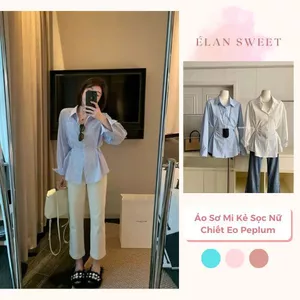 Áo Sơ Mi Kẻ Sọc Nữ Chiết Eo Peplum, Áo Công Sở Dài Tay Cao Cấp Tôn Dáng Élan Sweet