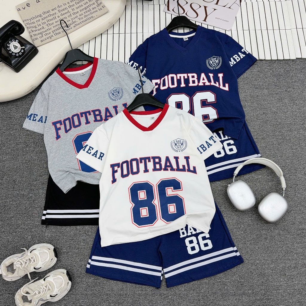 Bộ quần áo phong cách thể thao cho bé trai từ 17-60kg, 5-15 tuổi chất cotton mềm mại, in số 86