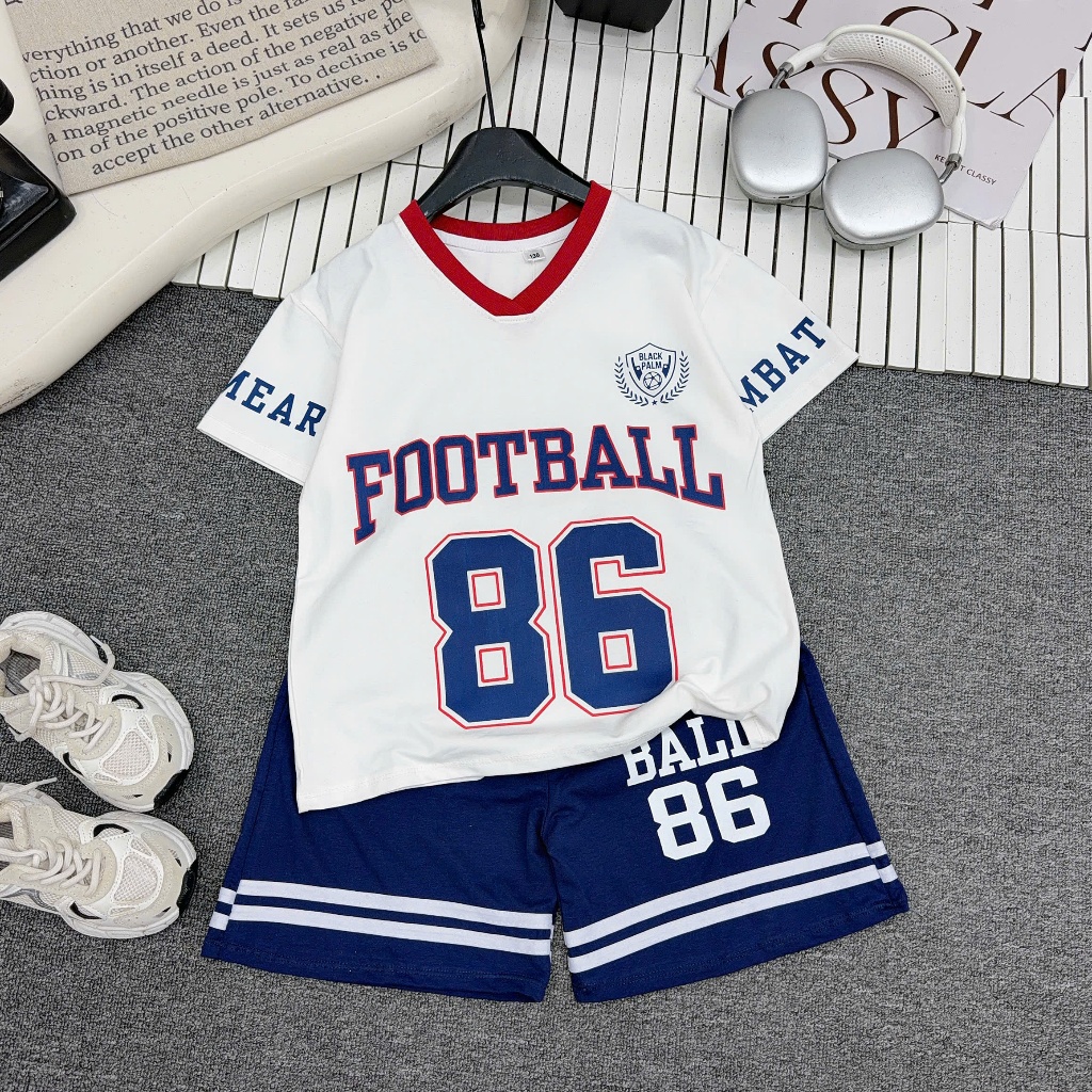 Bộ quần áo phong cách thể thao cho bé trai từ 17-60kg, 5-15 tuổi chất cotton mềm mại, in số 86
