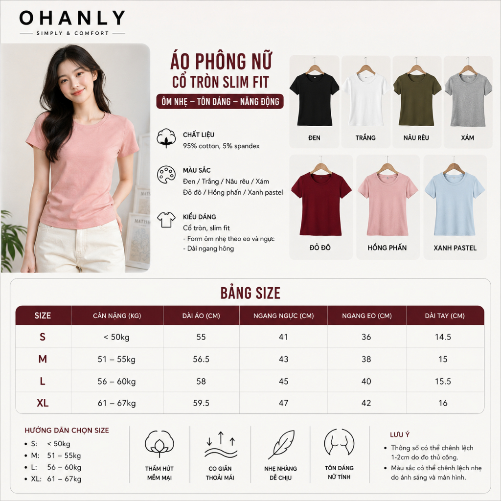 Áo Thun Trơn Nữ Cổ Tròn Slim Fit – Cotton Co Giãn Ôm Dáng Nhẹ, Mặc Mát Dễ Phối Đồ | OHANLY