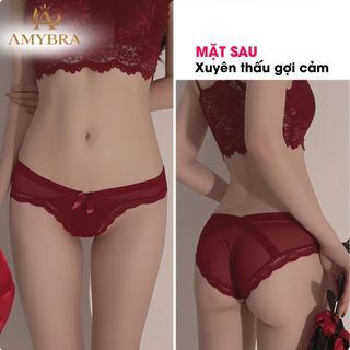 Quần lót cotton phối ren nữ cạp chéo đính nơ,Quần chip ren xuyên thấu cạp thấp gợi cảm AMYBRA L8136