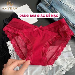 Quần lót cotton phối ren nữ cạp chéo đính nơ,Quần chip ren xuyên thấu cạp thấp gợi cảm AMYBRA L8136