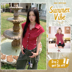 Áo Sơ Mi Nữ Tay Cộc Kẻ Caro Đỏ Vintage, Áo Sơ Mi Babytee Tôn Dáng Retro Y2K | Khao Boutique