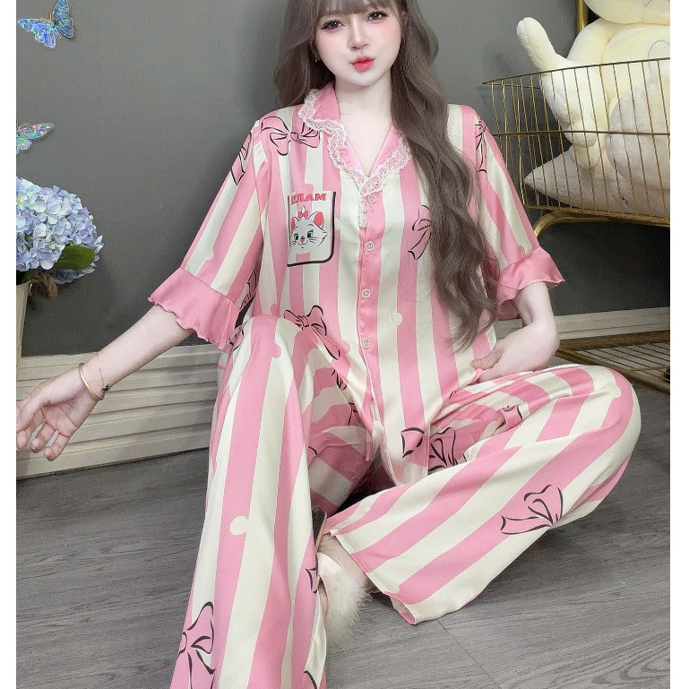 Đồ ngủ dễ thương, đồ bộ nữ đồ mặc nhà, đồ ngủ lụa lạnh cao cấp, pijama mặc nhà họa tiết tiểu thư[38]