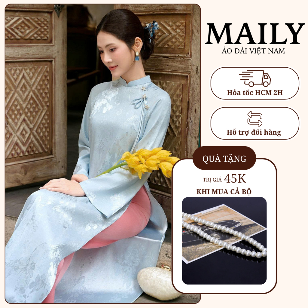 Áo Dài Cách Tân Thiên Điệp Chất Gấm Mềm Mại, Thiết Kế Cổ Cao Tay Dài Tay Loe Chiết Ly Sau Tôn Dáng - ÁO DÀI MAILY