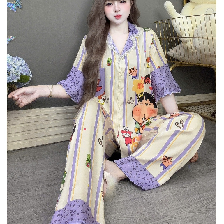 Đồ ngủ dễ thương, đồ bộ nữ đồ mặc nhà, đồ ngủ lụa lạnh cao cấp, pijama mặc nhà họa tiết tiểu thư[38]