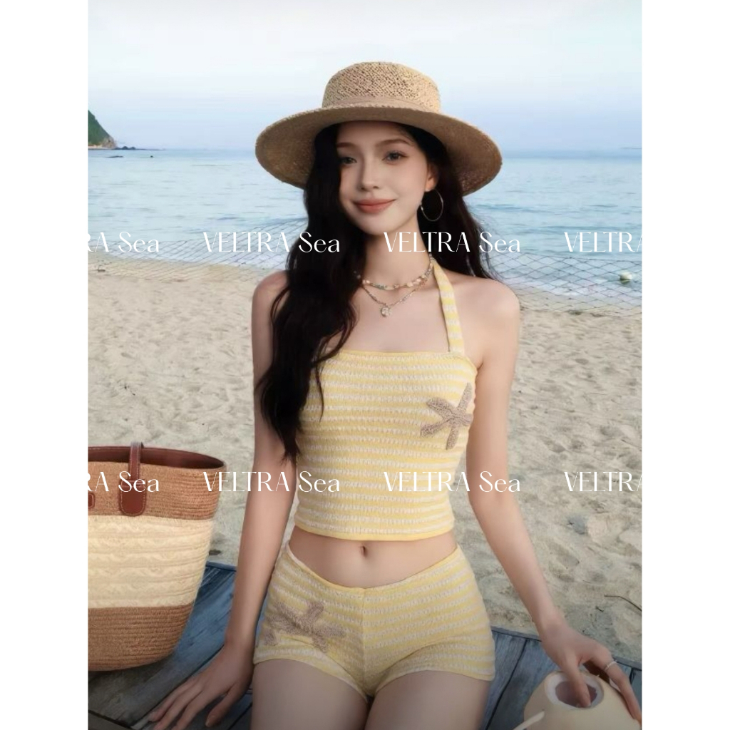 𝑽𝑬𝑳𝑻𝑹𝑨 𝑺𝒆𝒂| Bộ Bikini Hai Mảnh Gồm Áo Cổ Yếm Và Quần Đùi Màu Vàng Kẻ Sọc Hoạ Tiết Sao Biển #366