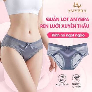 Quần lót cotton phối ren nữ cạp chéo đính nơ,Quần chip ren xuyên thấu cạp thấp gợi cảm AMYBRA L8136