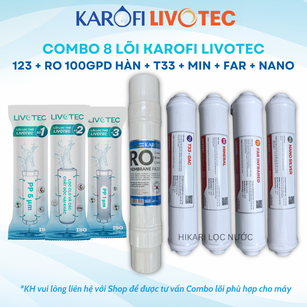 Combo 8 Lõi Lọc Karofi Gồm Lõi 123 Livotec + Màng RO Hàn 100GPD + Lõi Chức Năng Livotec T33-GAC, Mineral, Far, Nano