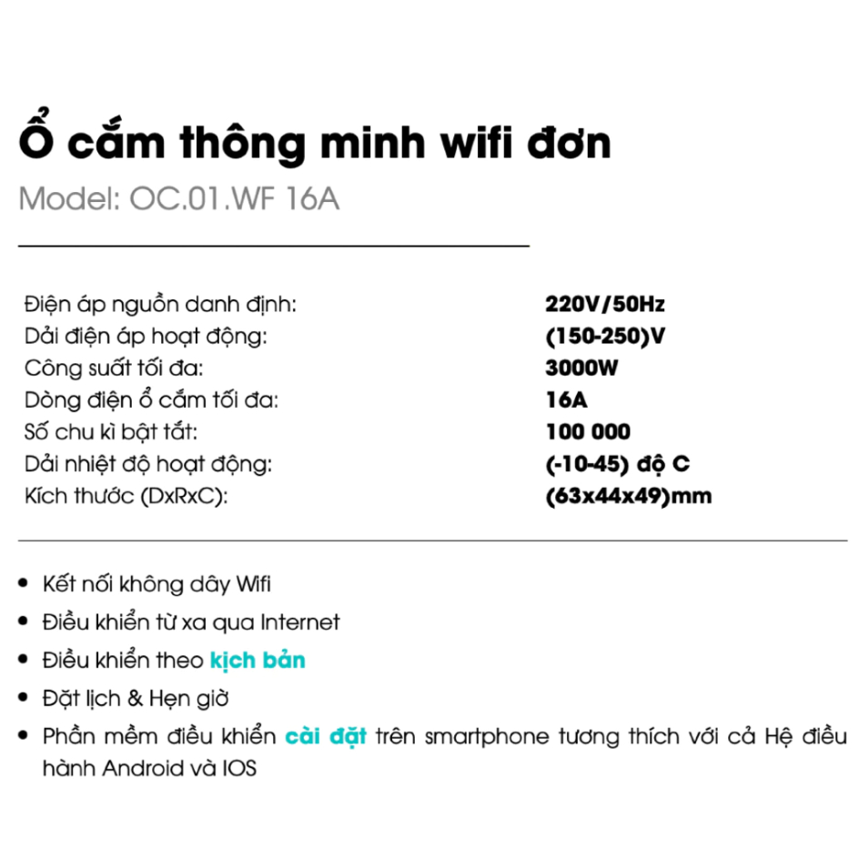 Ổ Cắm Thông Minh Wifi Rạng Đông OC01 – Điều Khiển Qua App, Hẹn Giờ Bật/Tắt, Thiết Kế Nhỏ Gọn