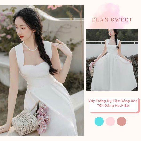Váy Trắng Dự Tiệc Dáng Xòe, Đầm Cổ Yếm Nữ Sang Trọng Đi Tiệc Cưới Hẹn Hò Tôn Dáng Hack Eo