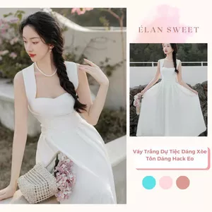 Váy Trắng Dự Tiệc Dáng Xòe, Đầm Cổ Yếm Nữ Sang Trọng Đi Tiệc Cưới Hẹn Hò Tôn Dáng Hack Eo