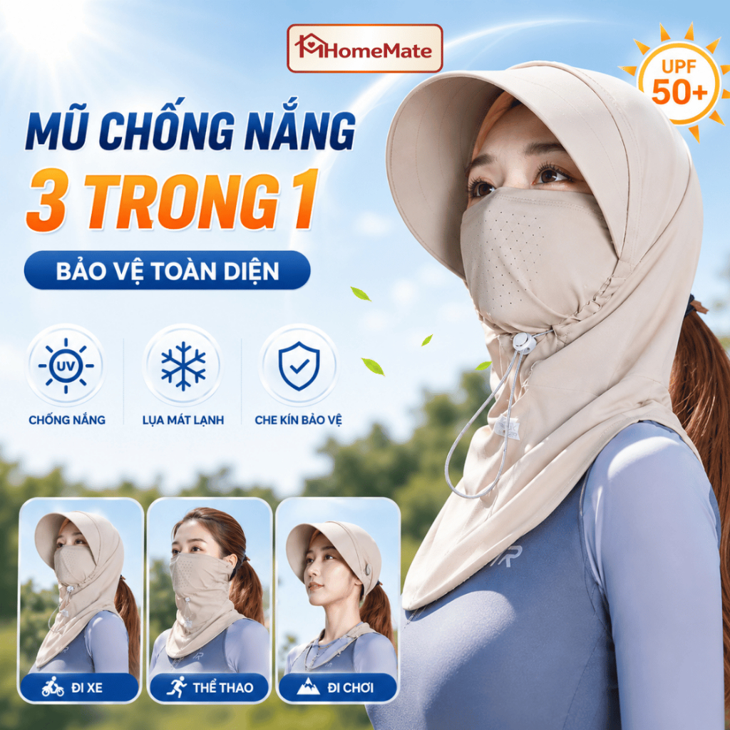 Mũ Chống Nắng Trùm Đầu HomeMate Chống UV 99%, Mũ Kèm Khẩu Trang Che Mặt Thoáng Khí Đi Xe Máy