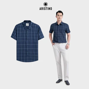 Áo Sơ Mi Nam Ngắn Tay Xanh Kẻ Bamboo Aristino Regular Fit thoáng khí, co giãn nhẹ ASS621EDP01