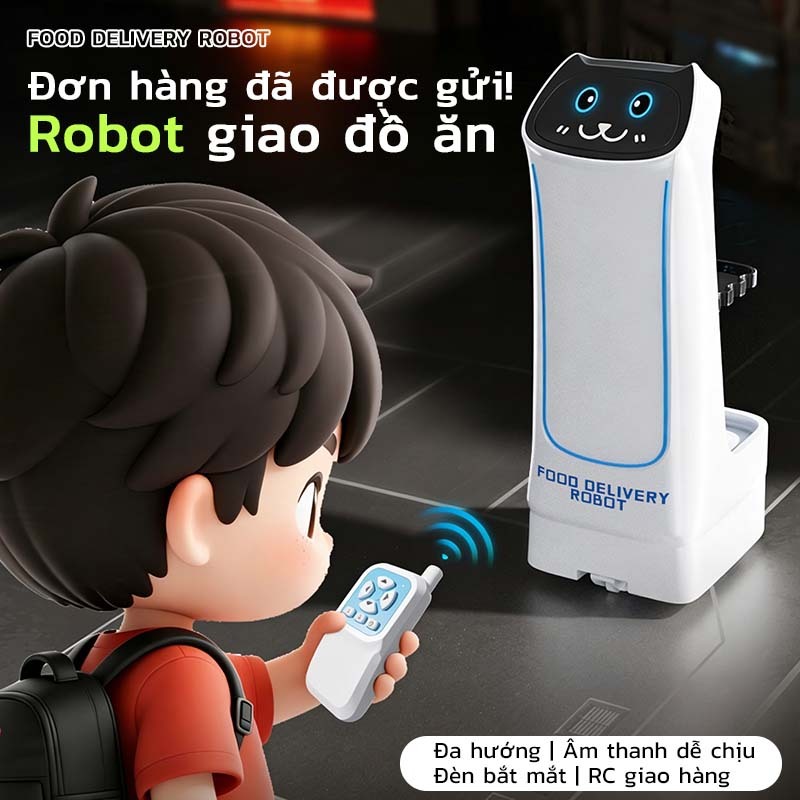 Robot giao hàng cho trẻ em với tiếng nhạc, đèn LED và giọng nói "xin mời lấy món" món đồ chơi lý tưởng để bé tự tin gia