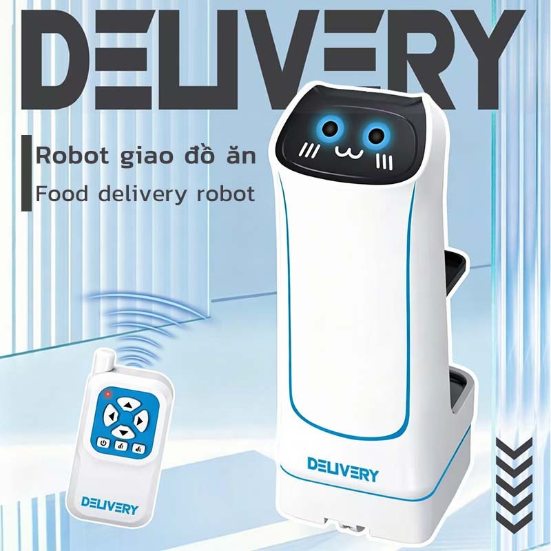 Robot giao hàng cho trẻ em với tiếng nhạc, đèn LED và giọng nói "xin mời lấy món" món đồ chơi lý tưởng để bé tự tin gia