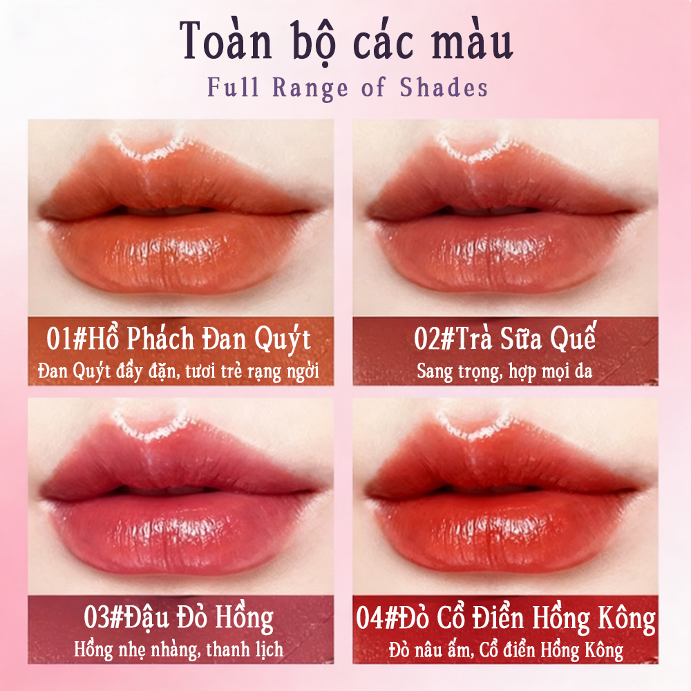 Son bóng GECOMO dưỡng ẩm môi, Hiệu quả, Không gây khô môi, Chống Nước, Dưỡng Ẩm, 4 Màu Đa Dạng