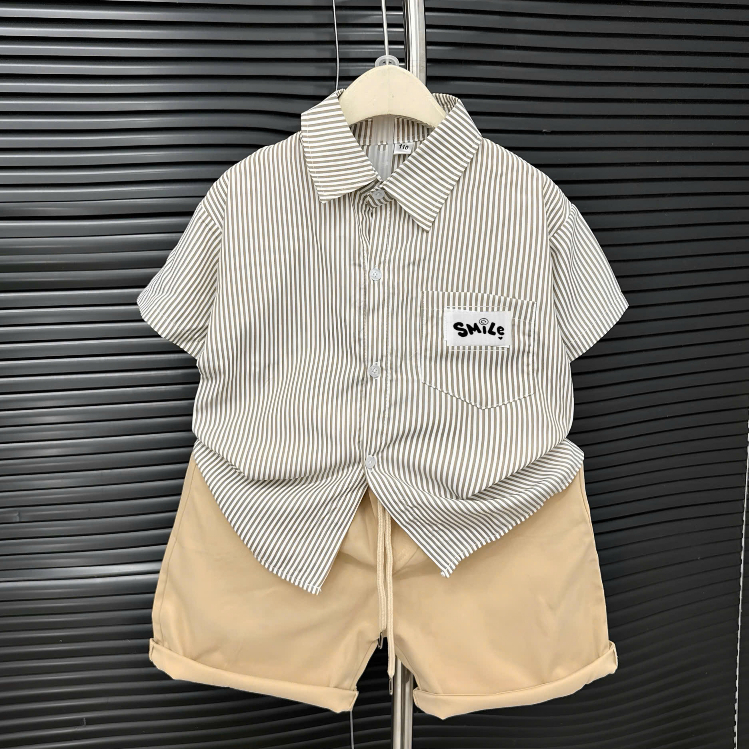Bộ quần áo sơ mi kẻ chất linen, quần kaki cho bé trai đứng form, đẹp từ 17-60kg