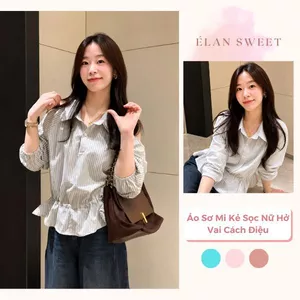 Áo Sơ Mi Kẻ Sọc Nữ Hở Vai Cách Điệu, Áo Kiểu Tay Bồng Trễ Vai Tôn Dáng Sexy Thanh Lịch Élan Sweet