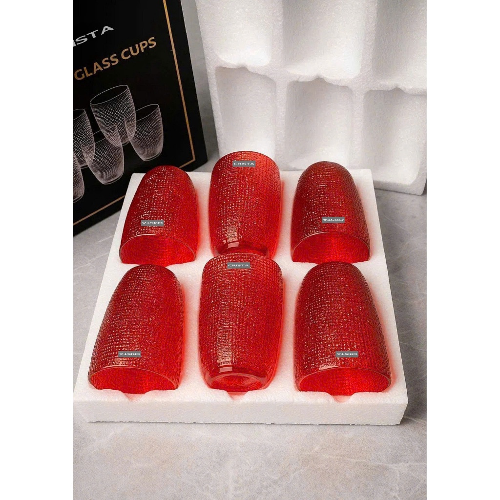 Bộ 6 Cốc Thủy Tinh Vân Lưới Dập Nổi Crista 420ml – Màu đỏ Ruby – Hàng Cao Cấp