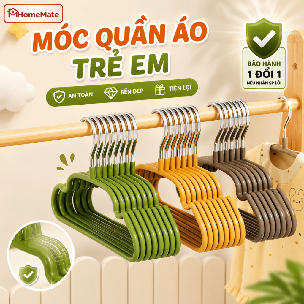 Set Móc Quần Áo Trẻ Em HomeMate Lõi Thép Bọc Nhựa Chống Trượt, Móc Treo Cho Bé Chống Phồng Vai Siêu Bền