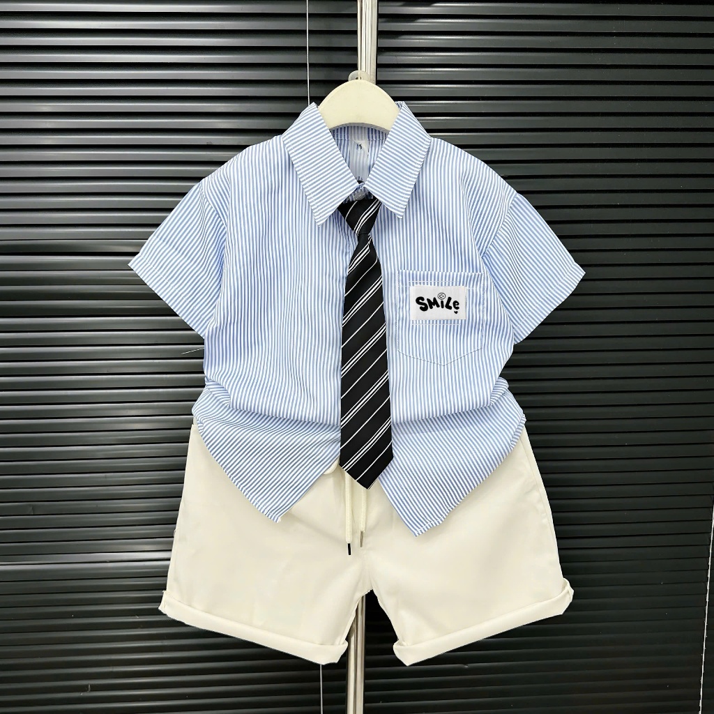 Bộ quần áo sơ mi kẻ chất linen, quần kaki cho bé trai đứng form, đẹp từ 17-60kg