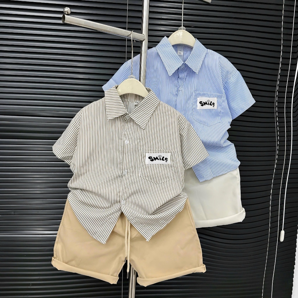 Bộ quần áo sơ mi kẻ chất linen, quần kaki cho bé trai đứng form, đẹp từ 17-60kg
