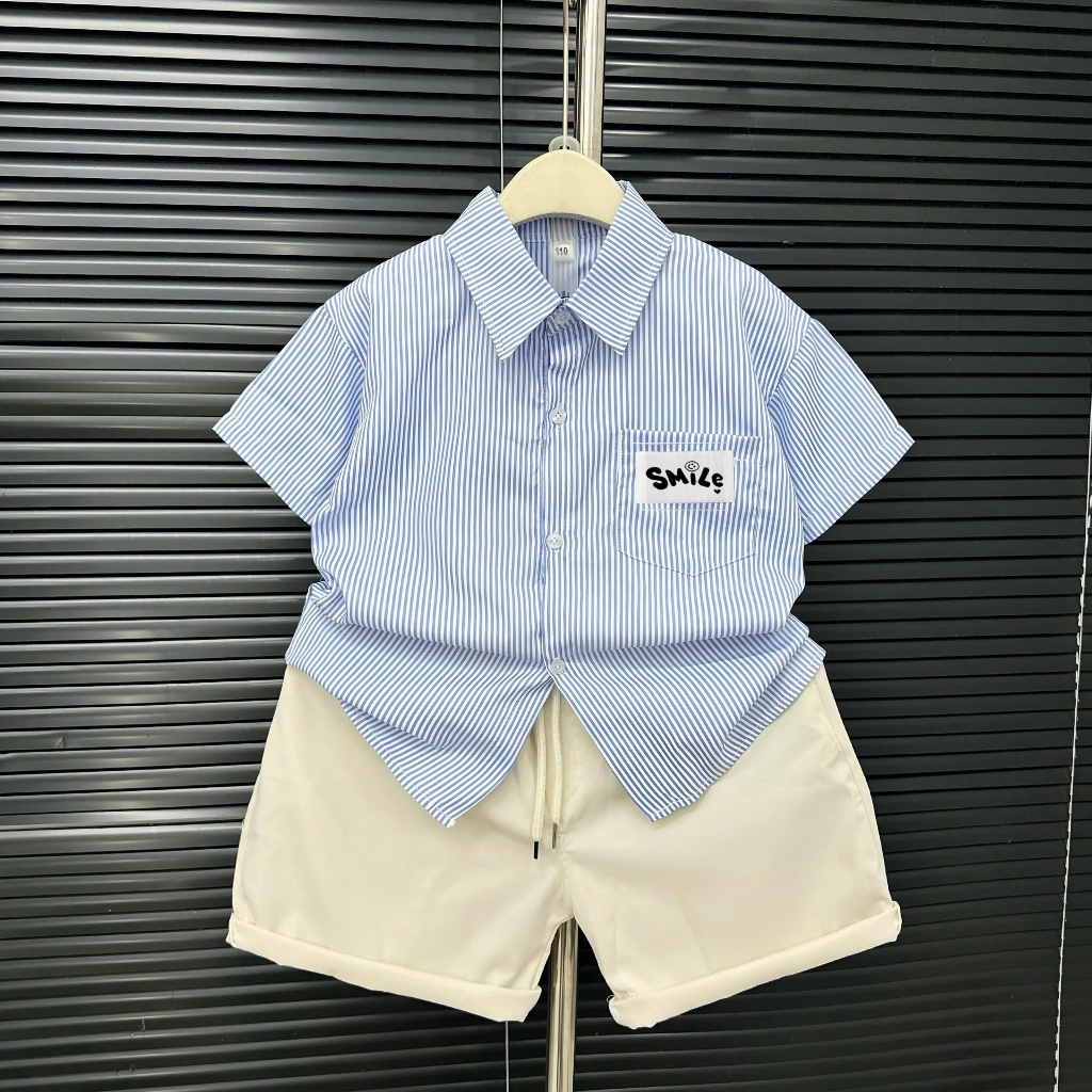 Bộ quần áo sơ mi kẻ chất linen, quần kaki cho bé trai đứng form, đẹp từ 17-60kg