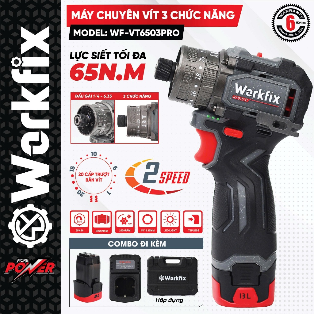 Máy chuyên vít cấp trượt có Búa WORKFIX WF-VT6503PRO, Lực siết 55Nm, Có ngậm vít nhanh - Không than