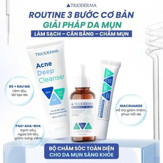 Bộ 3 Trioderma  Hỗ Trợ Giảm Mụn Gel Rửa Mặt 150g + Serum 30ml + Gel mụn 15g Làm Sạch Giảm Mụn