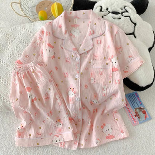 Set bộ pijama chất kate in hình mặt mèo xinh cute