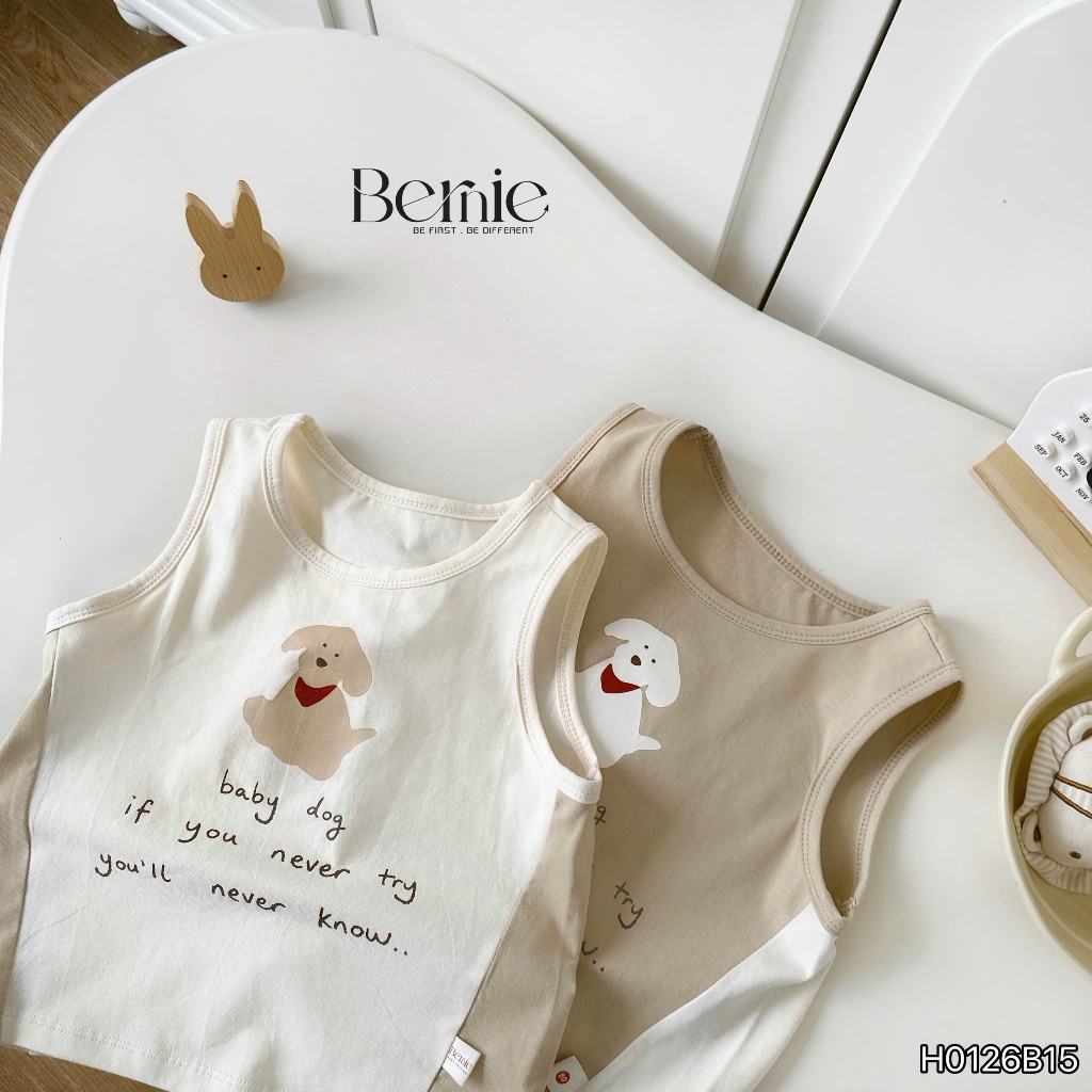 Bộ ba lỗ cún nhỏ tinh nghịch unisex cho bé, bộ cotton ba lỗ mềm mát dễ thương