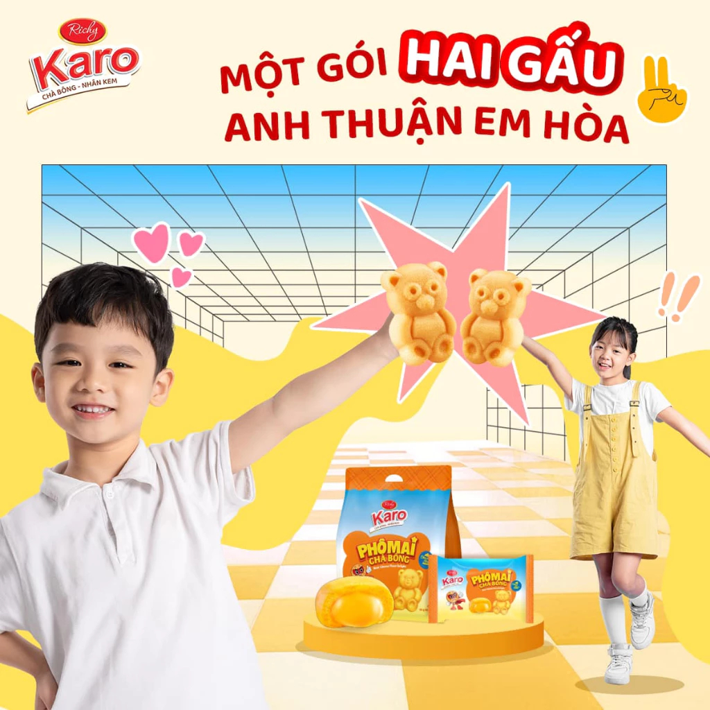 [TẶNG  QUẠT ĐƠN 250K]Thùng 24 gói nhỏ ( 6 túi lớn) bánh Karo gấu chà bông phô mai bánh gấu