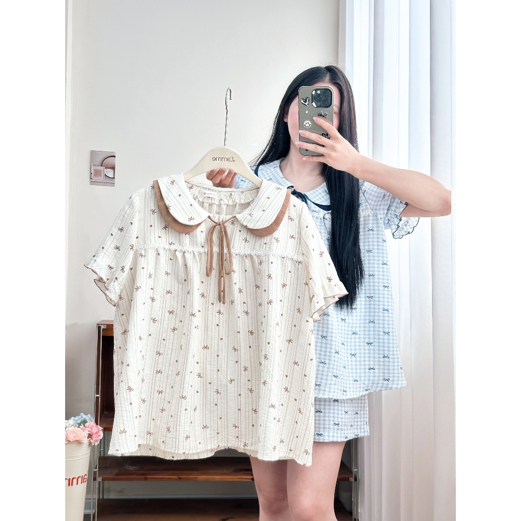 Bộ Đồ Ngủ Chất Đũi Xốp Vân Mây Mềm Mát, Bộ Mặc Nhà Nữ LITA Phối Ren Cổ Bản To Dây Buộc Nơ Xinh Xắn - L'AMME