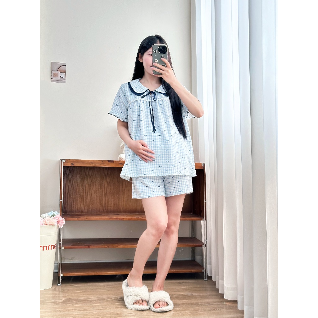 Bộ Đồ Ngủ Chất Đũi Xốp Vân Mây Mềm Mát, Bộ Mặc Nhà Nữ LITA Phối Ren Cổ Bản To Dây Buộc Nơ Xinh Xắn - L'AMME