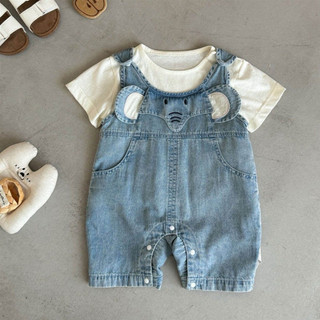 Set yếm bò kèm áo phông hoạ tiết voi con đáng yêu cho bé trai bé gái