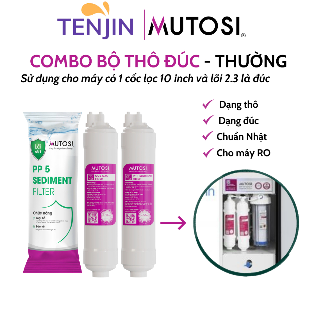 Combo Thô Mutosi Gồm Lõi 1 PP 5 Micron Loại Thường Và Lõi 2 OCB Lõi 3 PP1 Micron Dạng Đúc Dùng Cho Máy Lọc Nước RO....