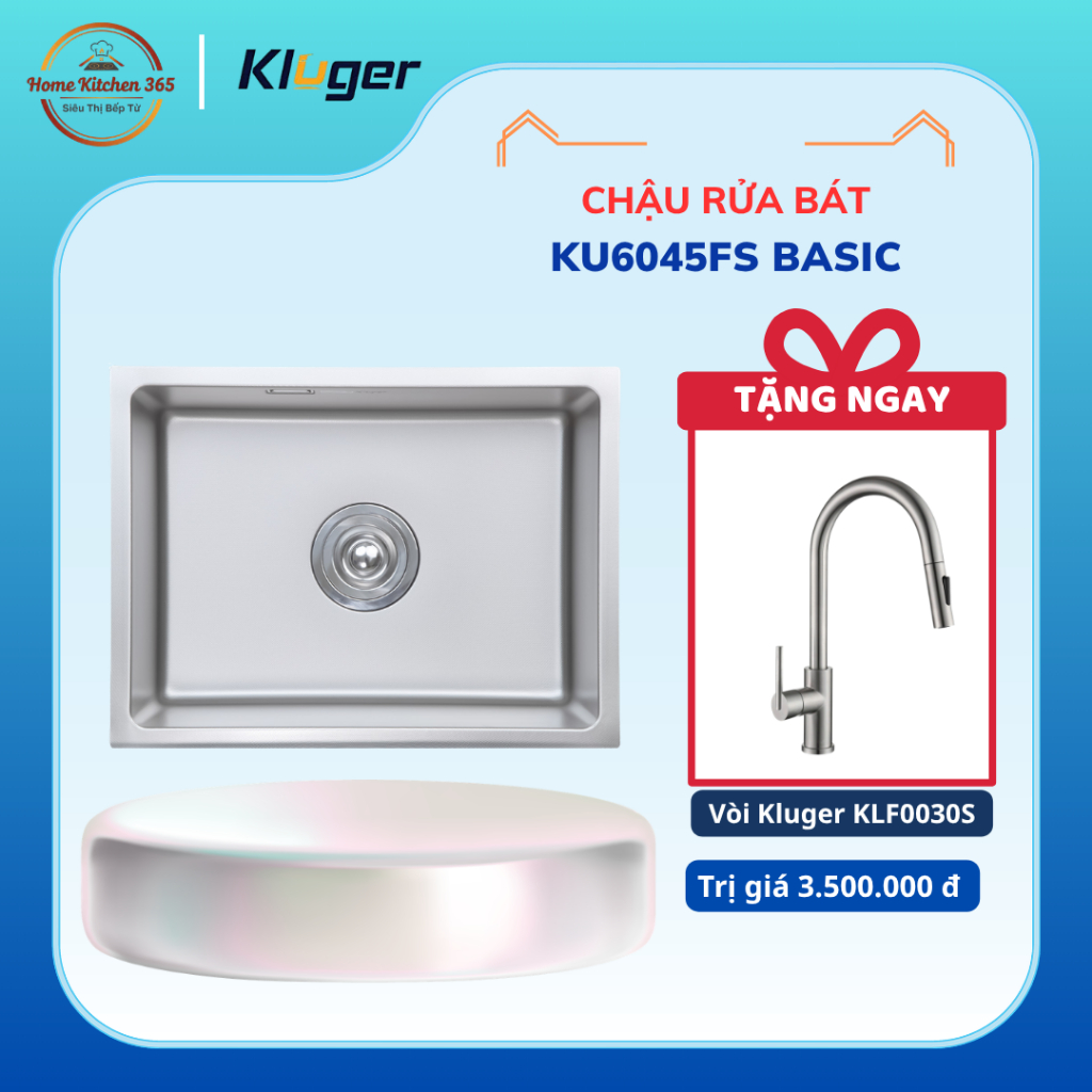 [TẶNG VÒI] Chậu rửa bát Kluger KU6045FS Basic - 1 Hố Bề Mặt LINEN, Chống Xước Chống Ồn