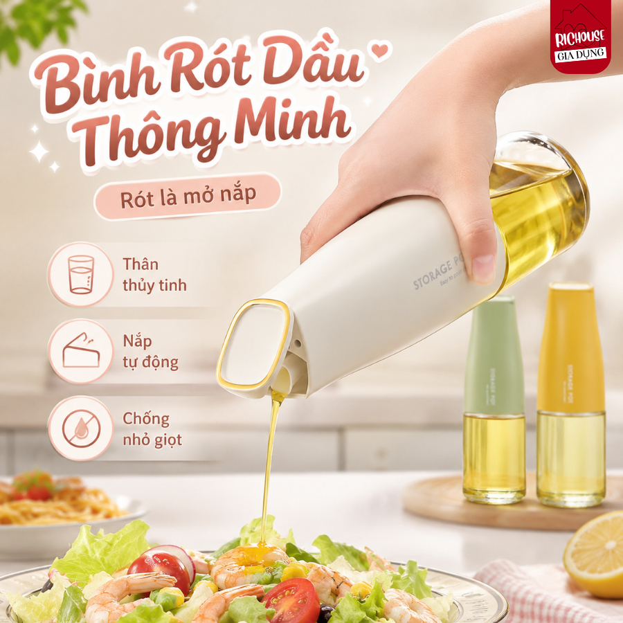 Chai Đựng Dầu Ăn Thủy Tinh 500ML Nắp Mở Tự Động Chống Tràn, Bình Đựng Nước Tương, Dầu Oliu